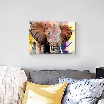 Amazon.co.jp: カラフルな象の動物のキャンバス絵画:ボヘミアン